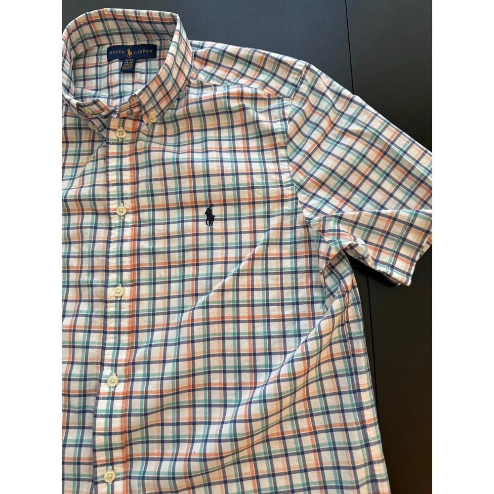 Ralph Lauren Boys Plaid Button-Up Size XL (18-20) Blue/Green Short Sleeve Cotton